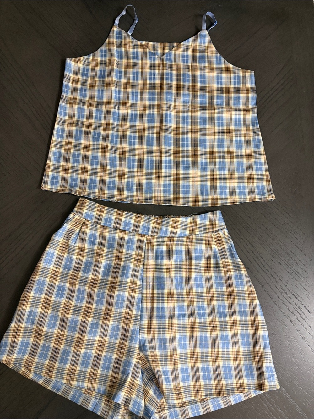 Plaid Cami & Shorts Two-Piece Set | Blue & Beige